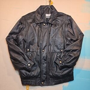 Vtg Rover & Lakes Men 52 Leather Bomber Jacket Vest Blck Zip Sleeves Convertible